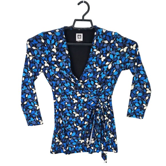 Womens Anne Klein Blue & Black Floral Wrap Top 3/4 Sleeve Polyester Blend XXS - Picture 1 of 8